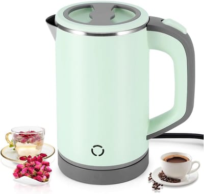 KZQ Draagbare reiswaterkoker 0,8 liter 600W snel koken dubbel geïsoleerd lichtgewicht RVS turquoise