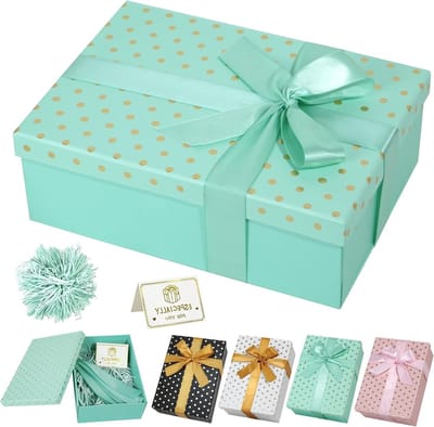 Grote cadeaubox met deksel, stippenpatroon, inclusief rafia en wenskaart - Perfect voor bruiloften, verjaardagen en kerst, 25 x 18 x 8.5 cm