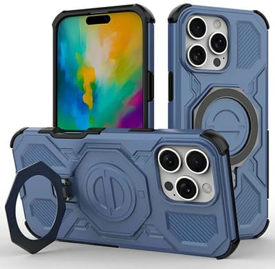 Hoesje geschikt voor Apple iPhone 16 Pro Max | Compatibel met MagSafe / Qi2 | 360° Draaibare Magnetische Standaard | Back Cover Kickstand Ring | Blauw