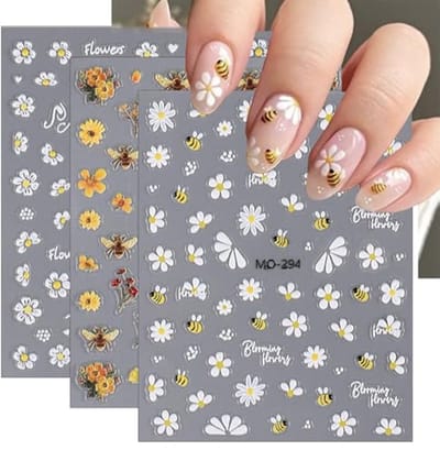 Nagelstickers met Bloemen- en Bijenmotieven - 3 Stuks Zelfklevende Nagelfolie voor Creatief Nageldesign