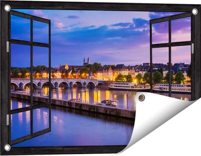 Gards Tuinposter Doorkijk Maastricht Maas Rivier bij de Sint Servaasbrug - 60x40 cm - Tuindoek - Tuindecoratie - Wanddecoratie buiten - Tuinschilderij
