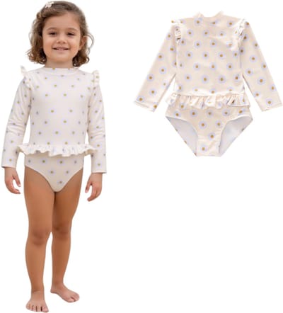 Joya Kids® Badpak Lange Mouw Gebroken Wit met Bloemen print met Ruches Meisjes | Zwempak met ruches UV Badpak Madeliefjes | Zwempak Lange Mouw UV Bescherming | Meisje Bikini Zomer | Kinderbadpak Peuter | Maat S | 2-3 Jaar
