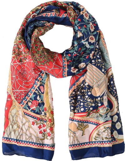 Nouka Blauwe & Rode Multicolor Dames Sjaal- Satijnen Gevoel - Warme & Lichte Sjaal – met Print– Alle Seizoenen - 70 x 180 cm