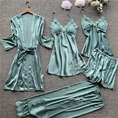 Pyjama Vijfdelige Set Sexy Kant Afwerking Nachthemd Nachtkleding Lente Zomer Vrouwen Badjas Losse Zijde Satijn Huiskleding Pijamas Pak L white