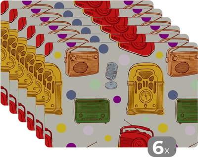Placemat - Placemats kunststof - Vintage - Radio - Microfoon - Patroon - 45x30 cm - 6 stuks - Hittebestendig - Anti-Slip - Onderlegger - Afneembaar
