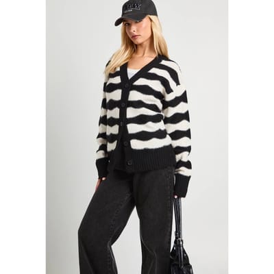 boohoo Dames Gestreepte oversized gebreide cardigan | Mono | Maat: Small