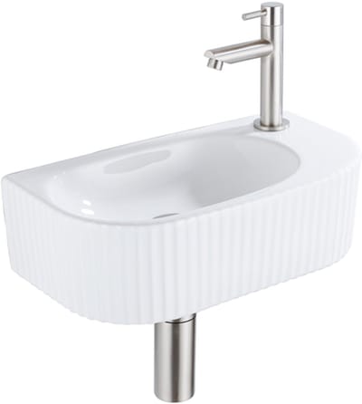 QeramiQ Blend fonteinset – halfrond – 40x21.5x12 cm – keramiek wit glans – kraan geborsteld RVS