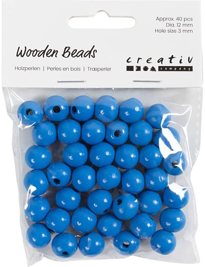 Houten Kralen, d 12 mm, gatgrootte 3 mm, ca. 40 stuk, blauw, 22 gr/ 1 doos