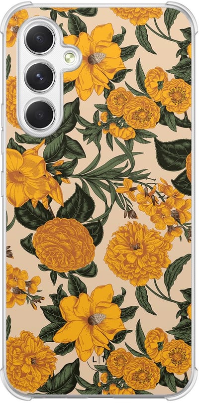 Shockproof hoesje - Geschikt voor Samsung Galaxy A54 - Retro flowers - Extra sterke case - TPU/polycarbonaat - Bloemen - Oranje, Transparant