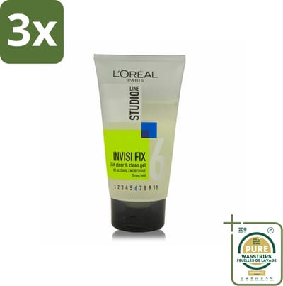 3 x L'Oréal Studio Line Invisi Fix 24H Clear & Clean Gel Strong 150 ml - Grootverpakking - 24 Uur Fixatie - Natuurlijke Look - Haar Fixatie - Gel Haar - Gezond Haar