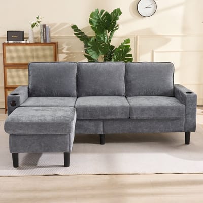 Hoekbank Slaapbank L Vorm Sofa USB Type C Grijs Linnen