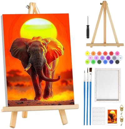 Dailygoods- Verf op Nummer voor Volwassenen - Olifant Schilderen op Nummer - Eenvoudige Doe-Het-Zelf Kit - Inclusief Houten Ezel - Voorbedrukt Canvas - 3 Penselen en Acrylverf - Schilderkit