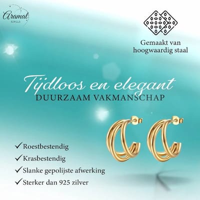 Aramat Jewels | Oorbellen | Triple Halve Oorringen RVS Goudkleurig 25mm | | | |15mm | Staal | Volwassenen | Verkleurd niet