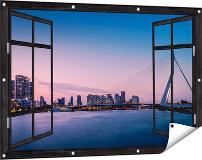 Gards Tuinposter Doorkijk Erasmusbrug in Rotterdam met Zonsondergang - 120x80 cm - Tuindoek - Tuindecoratie - Wanddecoratie buiten - Tuinschilderij