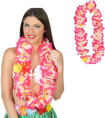 Atosa Hawaii krans/slinger - 2x - Tropische kleuren roze - Grote bloemen hals slingers - verkleed accessoires