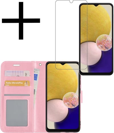 Hoesje - Met Screenprotector - Geschikt voor Samsung Galaxy A13 4G - Luxe Pasjeshouder - Bookcase Portemonee - Flip Case - Kunstleer Book Case - Flipcase - Book Cover - Walletcase - Portemonneehoes - Lichtroze