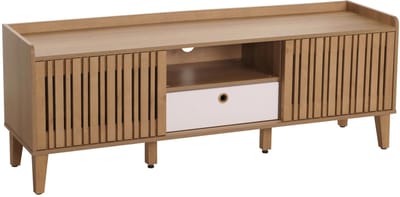 TV-rek MCW-M48, lowboard TV-meubel, schuifdeur 56x150x40cm ~ naturel, lade wit