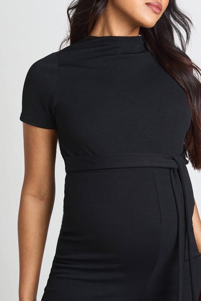 boohoo Dames Zwangerschaps Ribgebreide Jumpsuit Met Strikceintuur | Zwart | Maat: 36