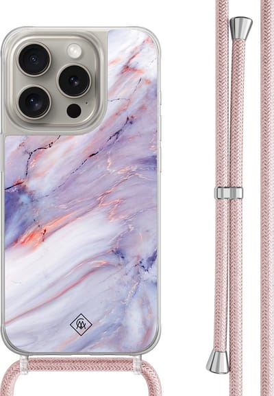 Casimoda® hoesje met rosegoud koord - Geschikt voor iPhone 15 Pro - Marmer Paars - Afneembaar koord - TPU/polycarbonaat - Paars