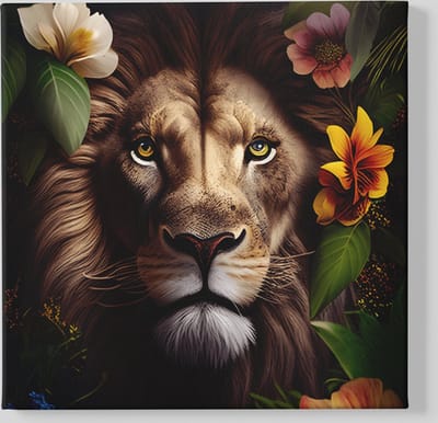 Vierkant Canvas Schilderij - Wilde Dieren - Leeuw en Bloemen - 60x60x2 cm