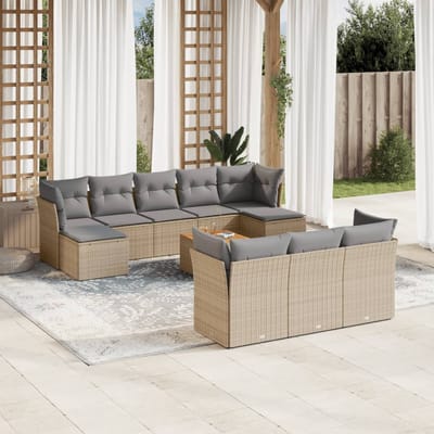 vidaXL - 11-delige - Tuinset - met - kussens - poly - rattan - beige