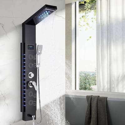 Hydromassagedouchekolom met 4 massagestralen LED-display voor watertemperatuur, douchesysteem met baduitloop en handdouche