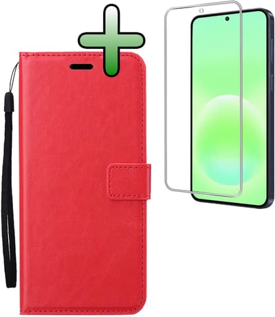 Hoesje Met Screenprotector - Geschikt voor Samsung Galaxy A57 - Luxe Pasjeshouder - Bookcase Portemonee - Flip Case - Kunstleer Book Case - Flipcase - Book Cover - Walletcase - Portemonneehoes - Rood