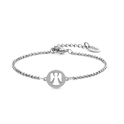 CO88 Collection 8CB-91248 Stalen Jasseron Armbandje met Engel Hangertje - 12mm Doorsnee - Jasseron - 2mm - 16+3cm - Staal - Zilverkleurig