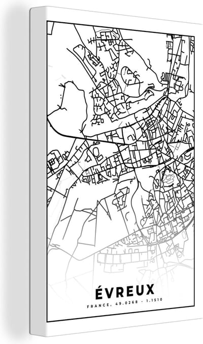 Canvas Schilderij Stadskaart – Plattegrond – Évreux - Kaart – Frankrijk - Zwart wit - 20x30 cm - Wanddecoratie