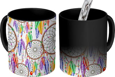Magische Mok - Foto op Warmte Mokken - Koffiemok - Dromenvanger - Veren - Patronen - Magic Mok - Beker - 350 ML - Theemok