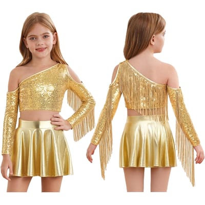 Costume de Performance Hip Hop Jazz Danse Cheerleading pour Filles Paillettes Brillantes Manches Longues Franges Crop Top avec Culottes Tenue de Danse 6 or