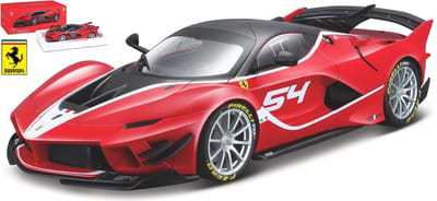 De 1:18 gegoten modelauto van de Ferrari FXX K Evo #54 in rood en zilver. De fabrikant van het schaalmodel is Burago Signature Series.