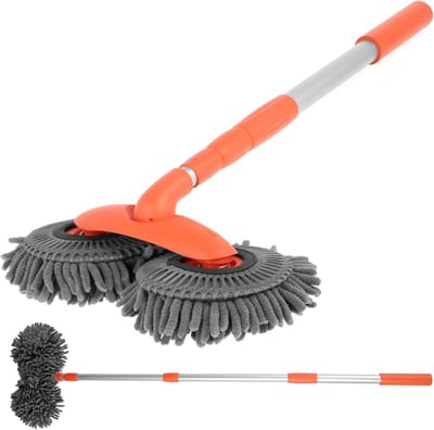 Autowasborstel met Dubbele Draaibare Kop en Telescoopsteel tot 135 cm | Microvezel Wasborstel voor Auto, Camper, Vrachtwagen
