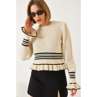 Geribbelde Baklava Patroon Crew Neck Crop Sweater