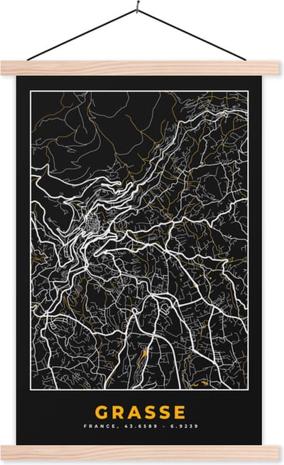 Posterhanger incl. Poster 40x60 cm - Schoolplaat - Frankrijk - Stadskaart - Grasse - Plattegrond - Kaart - Textielposter - Blanke latten - Stadskaart