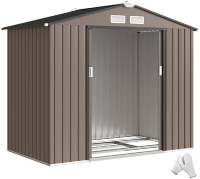 Tuinschuur - Tuinhuis - Gereedschapsschuur - Metalen Tuinhuisje - Met Funderingsset - Outdoor Tuinopslag - Buitenopslagruimte - Buitenberging - 4 Ventilatieopeningen - Bruin