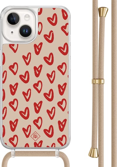 Casimoda® hoesje met beige koord - Geschikt voor iPhone 14 - Hartendief - Afneembaar koord - TPU/acryl - Bruin/beige