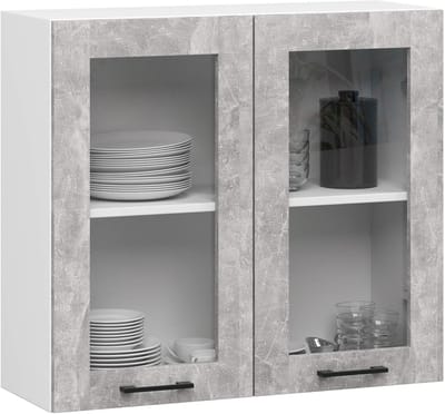 Glazen bovenkast Keuken 80 cm - Hangmeubel met 2 Deuren en Planken - Wit/Beton Look