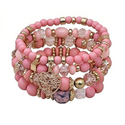 Roze perzik goudkleurig parel armband dames kralen armband elastische stretch armband met levensboom hart hanger meerlaagse stapelbare sieraden voor dagelijks gebruik en feestelijke gelegenheden