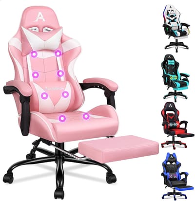 Gamingstoel met Massagepunten en Inklapbare Voetensteun - Ergonomische Racingstoel, Hoogte Verstelbaar, Draagvermogen 180 kg, Roze