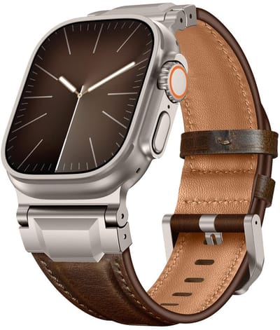 Luxe leren bandje - geschikt voor Apple Watch series 1/2/3/4/5/6/7/8/9/10/11/ SE (1,2,3) / Ultra (1,2,3) met maat 44 mm / 45 mm / 46 mm / 49 mm - nappa leer met titanium gesp - donkerbruin
