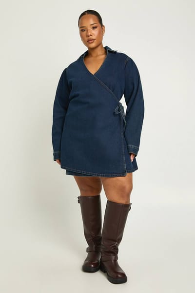 boohoo Dames Plus Denim Wikkel Jurk | Dark Indigo | Maat: 28