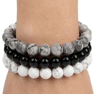 Grijs zwart wit kralen armband set voor dames en heren – elastische armband van steen – 3 stuks