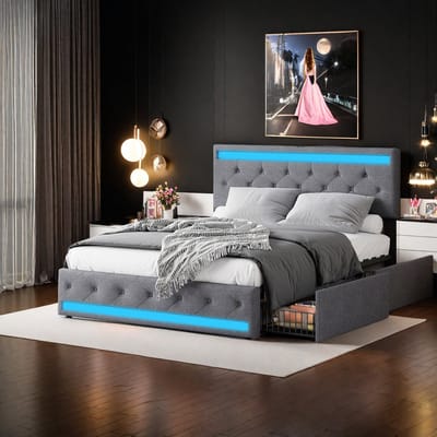 Opbergbed 160x200 cm grijs linnen met 4 lades, RGB LED-verlichting, USB-oplaadpoort en gestoffeerd hoofdbord