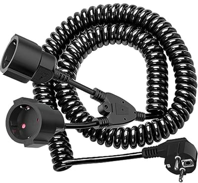 Spiraalverlengkabel met Randaarde - 1 tot 2 stopcontacten, Uittrekbaar van 1 tot 7 meter, Zwart PVC, 230V/16A