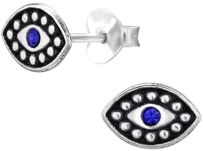 Joy|S - Zilveren boze oog oorbellen - evil eye - 8 x 6 mm - saffier blauw kristal - geoxideerd