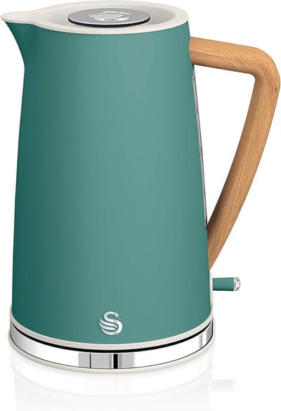 Waterkoker - 1.7 Liter - Nordic Design - Elektrische Waterkoker - 2200W Snelkoker - Handvat met Houtlook - Draadloos - Automatische Uitschakeling - Droogkookbeveiliging - Theeketel - RVS - Mat Groen - Scandinavisch Design - 1.7L