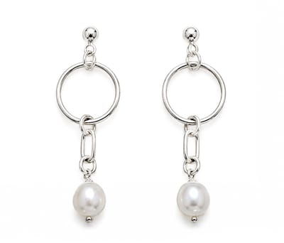 Zilveren Oorbellen met Parel Dames – Gerhodineerd 925 Sterling Zilver – Moderne Hanger Oorbellen met Zoetwaterlook Parel