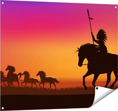 Gards Tuinposter Silhouet van een Indiaan op een Paard - 100x80 cm - Tuindoek - Tuindecoratie - Wanddecoratie buiten - Tuinschilderij