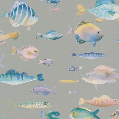 Kinderbehang Profhome 396961-GU vliesbehang hardvinyl warmdruk in reliëf licht gestructureerd met dieren patroon mat grijs blauw geel roze 5,33 m2